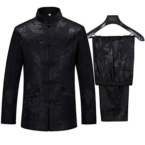 wecotton Kung Fu Anzüge Sets Herren Chinesischer Tang Anzüge Hanfu Kampfsport Kleidung Hemd Traditionell Wing Chun Taichi Uniform Oberteile Hosen (EU L/Asien Größe XXL, Schwarz) von wecotton