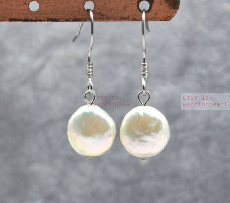 11mm Münze Perle Ohrringe, Echte Baumelnde Süßwasserperle Statement Frauen Ohrringe von weddingpearl