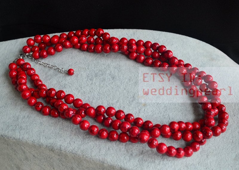 Rot Türkis Halskette, Dreireihiger Strang Statement Schmuck von weddingpearl