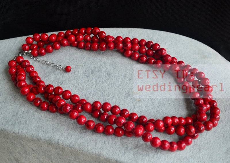 Rot Türkis Halskette, Dreireihiger Strang Statement Schmuck von weddingpearl
