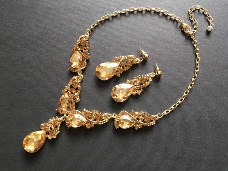 Gelbgold Halskette, Kristall Braut Champagner Schmuckset, Hochzeit Abschlussball Schmuck Gelbgold Halskette, Kristall Braut Champagner Schmuckset, Hochzeit Abschlussball Schmuck von weddingvalle