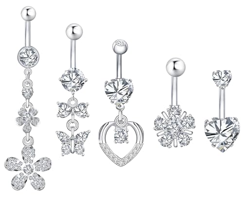 5 Stücke 14G 316L Chirurgenstahl CZ Bauchnabelpiercing Set mit Zirkonia Bauchnabelring Barbell Bauchnabelstangen Piercing Schmuck für Frauen Mädchen von weekiss