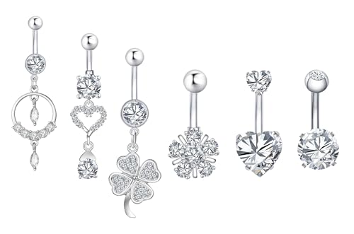 6 Stücke 14G 316L Chirurgenstahl CZ Bauchnabelpiercing Set mit Anhänger Zirkonia Bauchnabelring Barbell Bauchnabelstangen Piercing Schmuck für Frauen Mädchen von weekiss