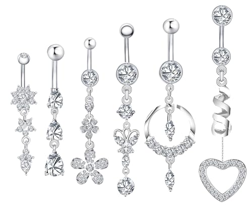 6 Stücke 14G 316L Chirurgenstahl CZ Bauchnabelpiercing Set mit Langen Ketten Zirkonia Bauchnabelring Barbell Bauchnabelstangen Piercing Schmuck für Frauen Mädchen von weekiss