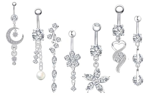 7 Stücke 14G 316L Chirurgenstahl Bauchnabelpiercing Set mit Zirkonia Bauchnabelring Gebogener mit Anhänger Körperschmuck Barbells für Frauen Mädchen von weekiss