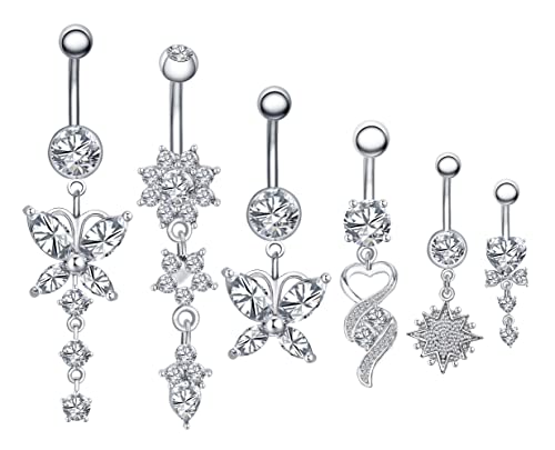 Bauchnabelpiercings, 6PCS 316L Chirurgenstahl CZ Bauchnabelpiercings mit Dangle Zirkonia Curved Piercing Schmuck Barbells für Frauen Mädchen von Weekiss