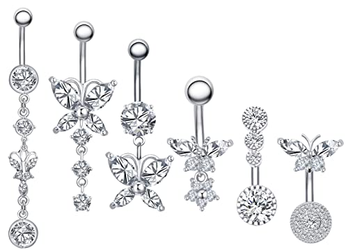 Bauchnabelpiercings, 6PCS 316L Chirurgenstahl CZ Bauchnabelpiercings mit Dangle Zirkonia Curved Piercing Schmuck Barbells für Frauen Mädchen von weekiss