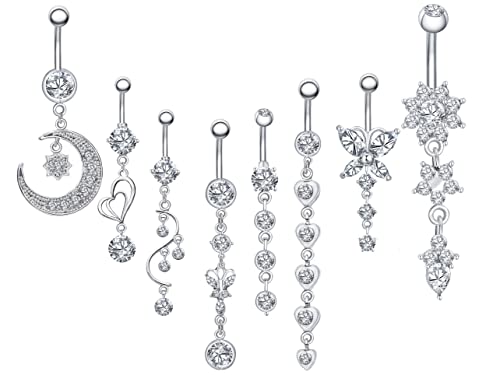 Bauchnabelpiercings, 8PCS 316L Chirurgenstahl CZ Bauchnabelpiercings mit Dangle Zirkonia Curved Piercing Schmuck Barbells für Frauen Mädchen von Weekiss