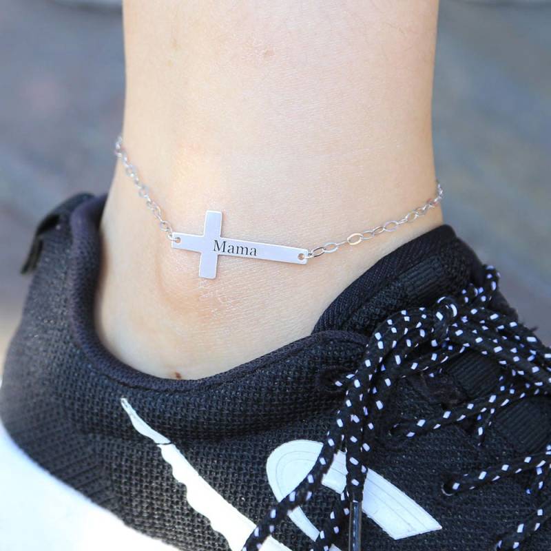 925 Sterling Silber Kreuz Fußkettchen Gravur Name Benutzerdefinierte Wort Stempel Design Simple Style Fußkettchen, Personalisierter Ankle Schmuck von weimeiOrnaments