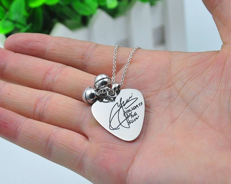 925 Sterling Silber Plektrum Kette Mit Ring Bell, Gravierte Signatur Halskette, Stempel Handschrift, Personalisierte Musik-Schmuck von weimeiOrnaments