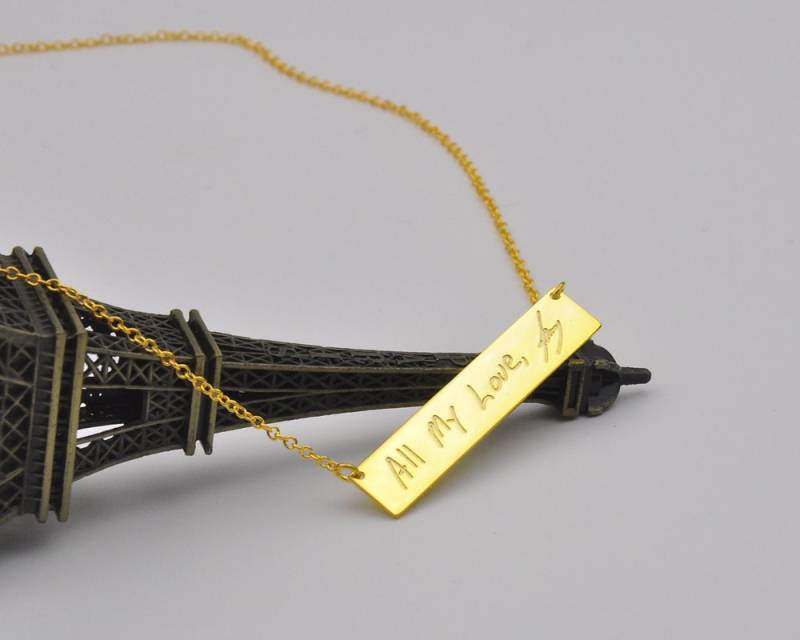 Gold Handschrift Bar, Halskette Mit Gravur, Anhänger, Personalisierter Signature Memory Schmuck, Weihnachtsgeschenk von weimeiOrnaments