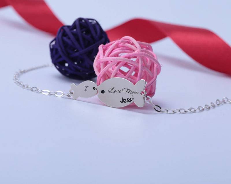 Kuss Fisch Armband, Mutter Tochter Benutzerdefinierte Worte Gravur, Handgeschriebene Memory Sterling Schmuck, Geschenk von weimeiOrnaments