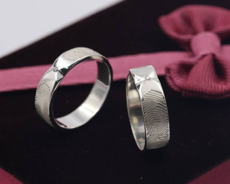 Personalisierte Fingerabdruck-Ring-Set, Benutzerdefinierte Diamant Ehering, 925 Massiv Silber Graviert Ring, Paar Ringe, Liebe Memorial Geschenk von weimeiOrnaments