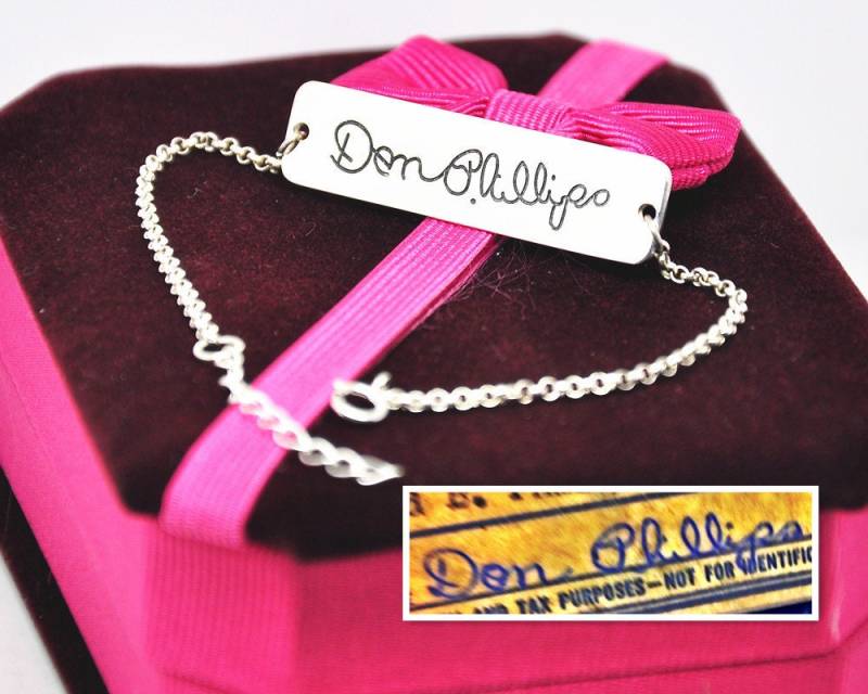 Speicher Signature Stamp Armband, Personalisierte Name Gravierte Bar Benutzerdefinierte Handschrift Namensschild Silber Schmuck von weimeiOrnaments