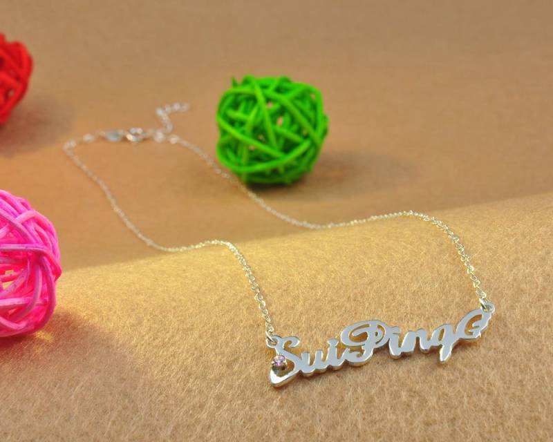 Sterling Name Halskette Mit Rosa Stein, Benutzerdefinierte Halskette, Personalisierte Handgemachte Hübsche Mädchen Brautjungfer Schmuck von weimeiOrnaments