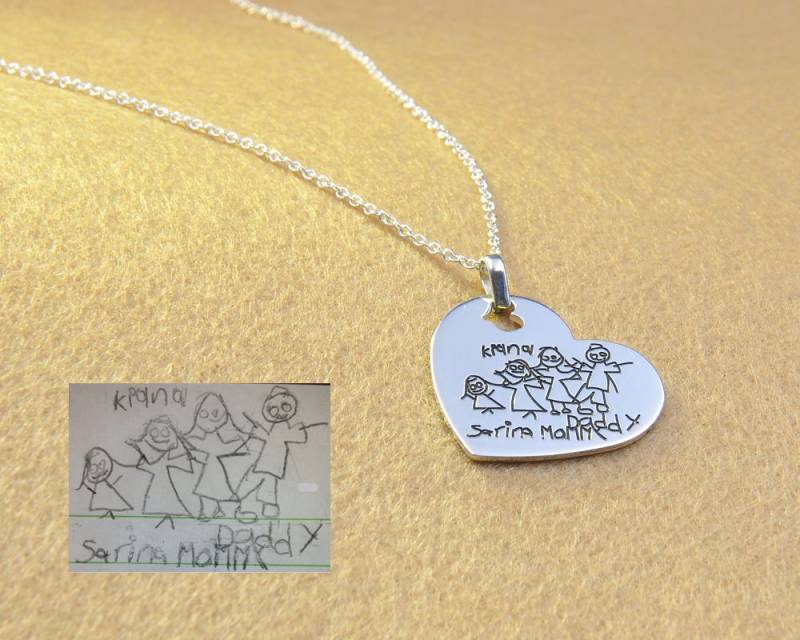 Sterling Silber Herz Halskette Stempel Mit Hand Geschrieben, Worte Und Kind Zeichnung, Individuelle Handschrift Halskette, Memorial Unterschrift von weimeiOrnaments