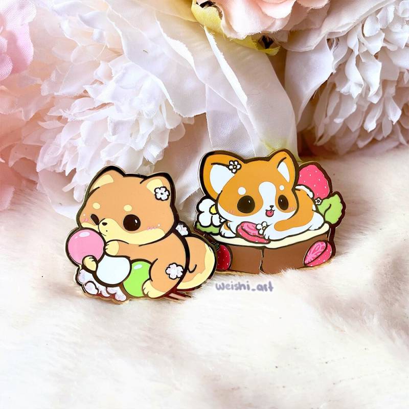 Shiba Inu Corgi Puppy Enamel Pin von weishiart