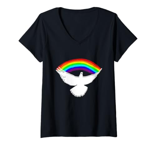 Damen Weiße Friedenstaube mit Regenbogen T-Shirt mit V-Ausschnitt Damen Weiße Friedenstaube mit Regenbogen T-Shirt mit V-Ausschnitt von weiße Friedenstaube mit Regenbogen