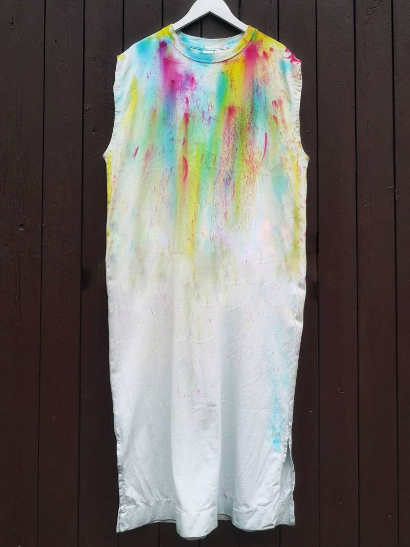 Konfetti-Gebatiktes, Gerade Geschnittenes Oversize-Kleid, Ärmellos, Größen M Oder L von weissmalbunt