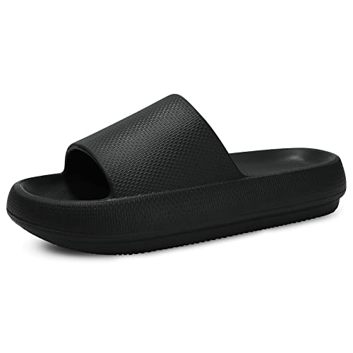 welltree Cloud Slides für Damen Herren Kissen Hausschuhe rutschfeste Badezimmer Dusche Sandalen Weiche Dicke Sohle Indoor und Outdoor Slides, 1 - Schwarz, 11.5-12.5 US Women/10-11 US Men von welltree