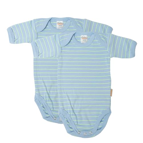 wellyou – Kurzarmbody Baby & Kinder aus 100% Baumwolle – Babybody für Mädchen & Jungen – 2er Set Kurzarm Baby Body in Größe 50-134 – Made in EU (Hellblau Neongelb gestreift | gr 80-86) von wellyou