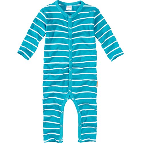 wellyou, Schlafanzug, Pyjama Jungen und Maedchen, Einteiler langarm, Baby Kinder, tuerkis weiss gestreift, geringelt, Feinripp 100% Baumwolle, Gr 104-110 von wellyou