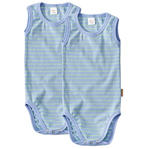 wellyou Doppelpack Baby Body- Kinder Body ohne Arm Neongelb hellblau gestreift Größe 104-110, Made in Europe von wellyou