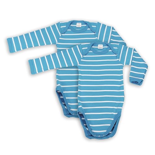 wellyou – Langarmbody Baby & Kinder aus 100% Baumwolle – Babybody für Mädchen & Jungen – 2er Set Langarm Baby Body in Größe 50-134 – Made in EU (Türkis Weiß gestreift | gr 104-110) von wellyou