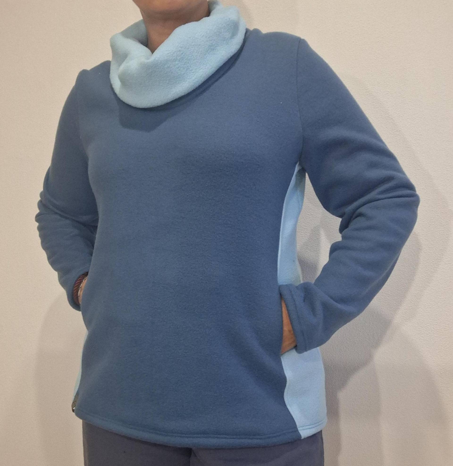 Fleece Pullover Mit Schalkragen, Tailliert, Größe Xs - Xxl, Tasche, Zweifarbig, Versch. Farben, Handmade Kleidung Damen, Individ Maße von wenkenaeht
