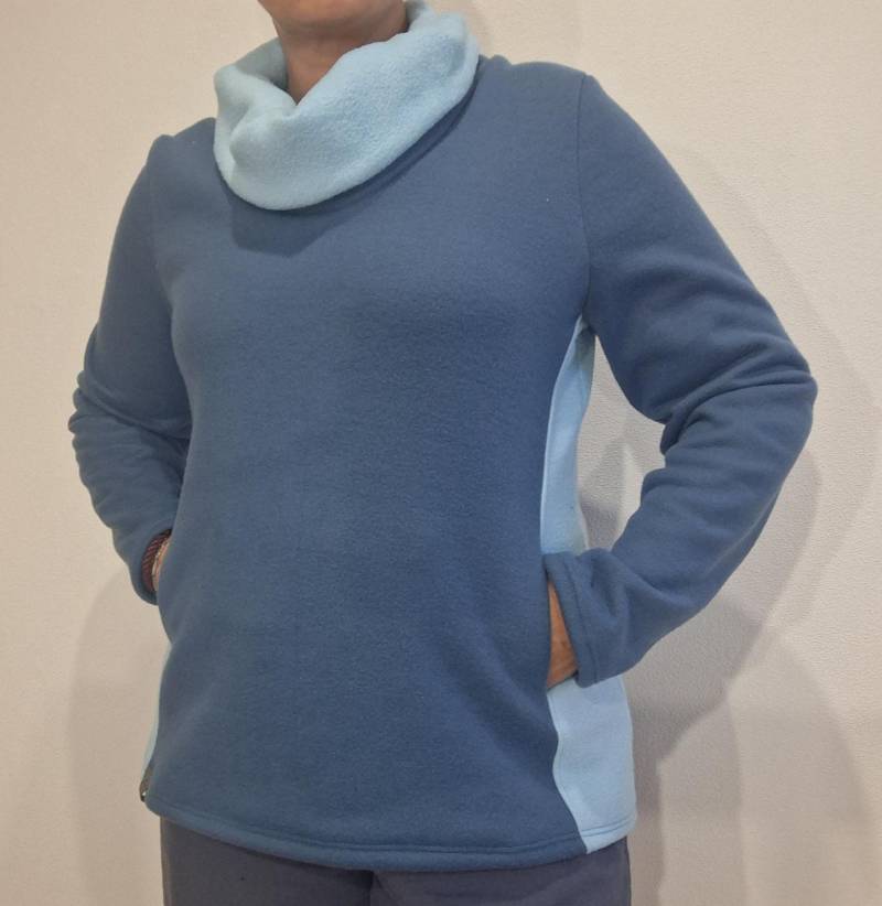 Fleece Pullover Mit Schalkragen, Tailliert, Größe Xs - Xxl, Tasche, Zweifarbig, Versch. Farben, Handmade Kleidung Damen, Individ Maße von wenkenaeht