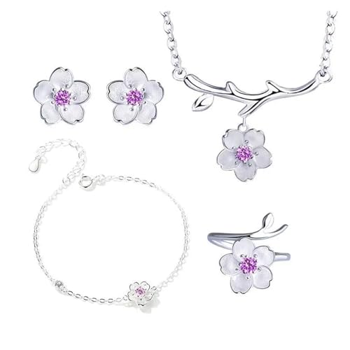 wenwendianzi 925 Sterling Silber Schmuck Sets Romantische Kirschblüten Blume Halskette + Ohrringe + Ring + Armband for Frauen(2) von wenwendianzi