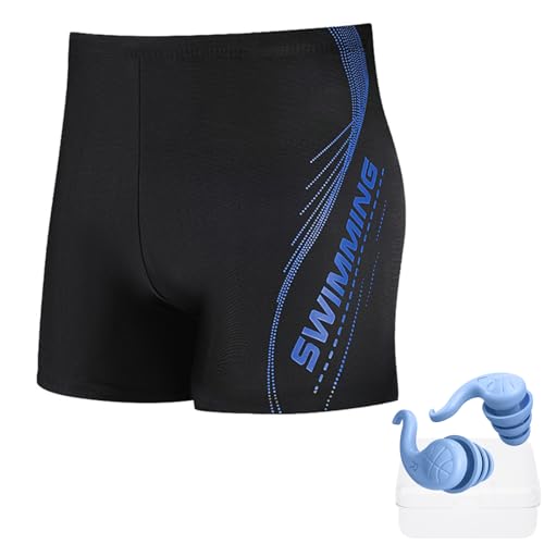wenweo Badehose Herren Kurz I Badeshorts Herren I Extrem Widerstandsfähige Männer Schwimmhose eng Anliegend I EIN Set Blauer Silikon Ohrstöpsel Schwimmen（M von wenweo