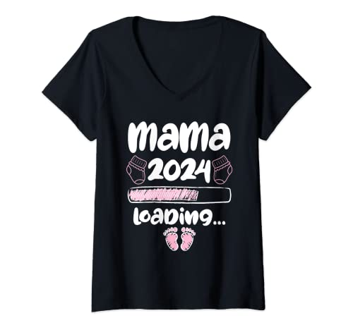 Damen Mama loading 2024 werdende Mama Babyparty 2024 Mama werden T-Shirt mit V-Ausschnitt von werdende Mama 2024 Geschenk Vorhersage Baby Wunsch