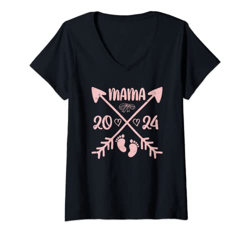 Damen Mama 2024 werdende Mütter Baby Vorhersage Schwangerschaft T-Shirt mit V-Ausschnitt von werdende Mama 2024 Geschenk Vorhersage Baby