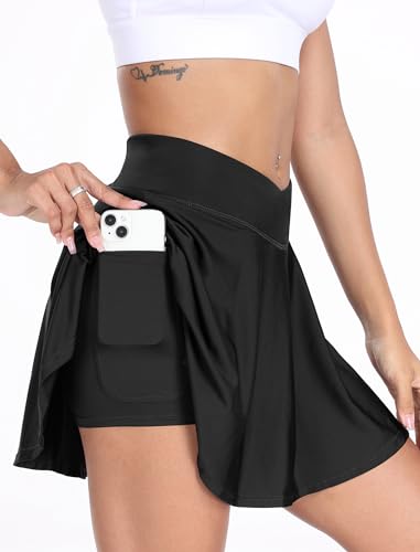 Tennis Rock Damen Sport Golf Skort mit Tasche & Innenhose Minirock Laufrock dehnbar V Bund Hohe Taille Rock Schwarz L von werfami