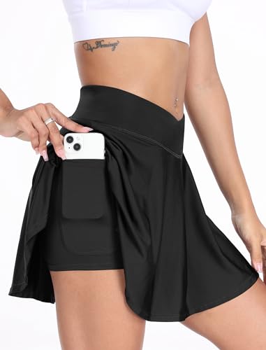 Tennis Rock Damen Sport Golf Skort mit Tasche & Innenhose Minirock Laufrock dehnbar V Bund Hohe Taille Rock Schwarz M von werfami