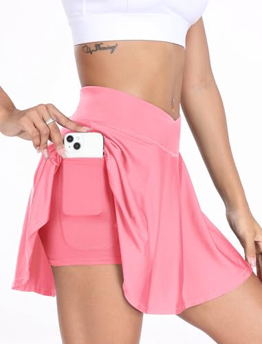 Tennis Rock Damen Sport Rock Golf Skort mit Tasche & Innenhose Minirock Laufrock dehnbar V Bund Hohe Taille Rock Rosa L von werfami