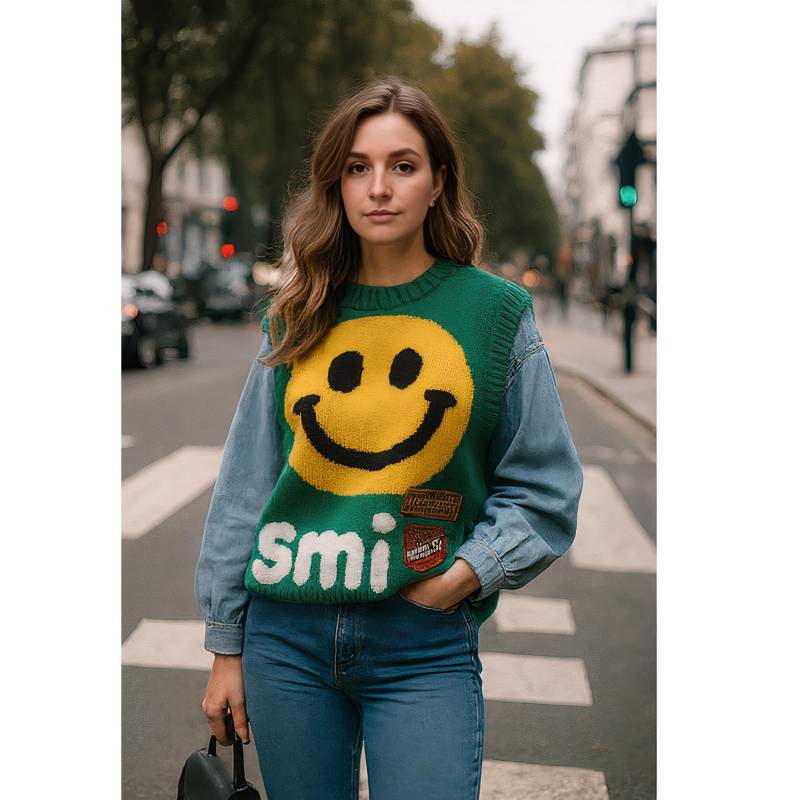 Damen Denim Patchwork Smiley Pullover - Strickpullover Rundhalsausschnitt Loose Fit Streetwear Winter Herbst Mode -Smile Face Sweatshirt von westazon