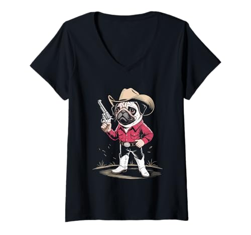 Damen Cowboy mops im Western Stil Howdy amerikanisches T-Shirt mit V-Ausschnitt Damen Cowboy mops im Western Stil Howdy amerikanisches T-Shirt mit V-Ausschnitt von western Amerika style of cowboy designs