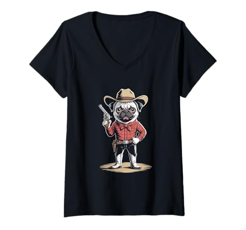 Damen Cowboy mops im Western Stil Howdy amerikanisches T-Shirt mit V-Ausschnitt von western Amerika style of cowboy designs