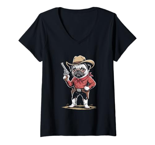 Damen Cowboy mops im Western Stil Howdy amerikanisches T-Shirt mit V-Ausschnitt Damen Cowboy mops im Western Stil Howdy amerikanisches T-Shirt mit V-Ausschnitt von western Amerika style of cowboy designs