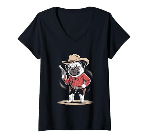 Damen Cowboy mops im Western Stil Howdy amerikanisches T-Shirt mit V-Ausschnitt Damen Cowboy mops im Western Stil Howdy amerikanisches T-Shirt mit V-Ausschnitt von western Amerika style of cowboy designs