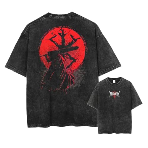 Anime T-Shirts Berserk Grafik T Shirt Männer Baumwolle Kurzarm Unisex Vintage Washed T-Shirts Sommer Oversized Streetwear von westtrend