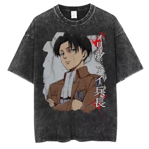 Japan Anime Attack on Titan T-Shirt Eren Jaeger Kurzarm T-Shirts Vintage Acid Washed T-Shirt von westtrend