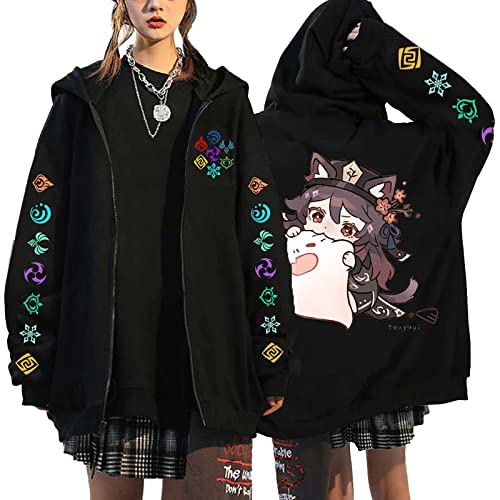 westtrend Genshin Impact Hoodie Unisex Casual Langarm Sweatshirts mit durchgehendem Reißverschluss und Tasche Anime Charakter Hu Tao Print Kapuzenmantel von westtrend