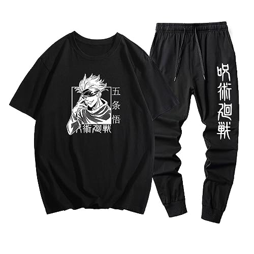 westtrend Herren Jungen Jujutsu Kaisen Casual Trainingsanzug Gojo Satoru Print Kurzarm-T-Shirt und Jogger-Hose Anzug Sportbekleidung 2 Stück Set von westtrend