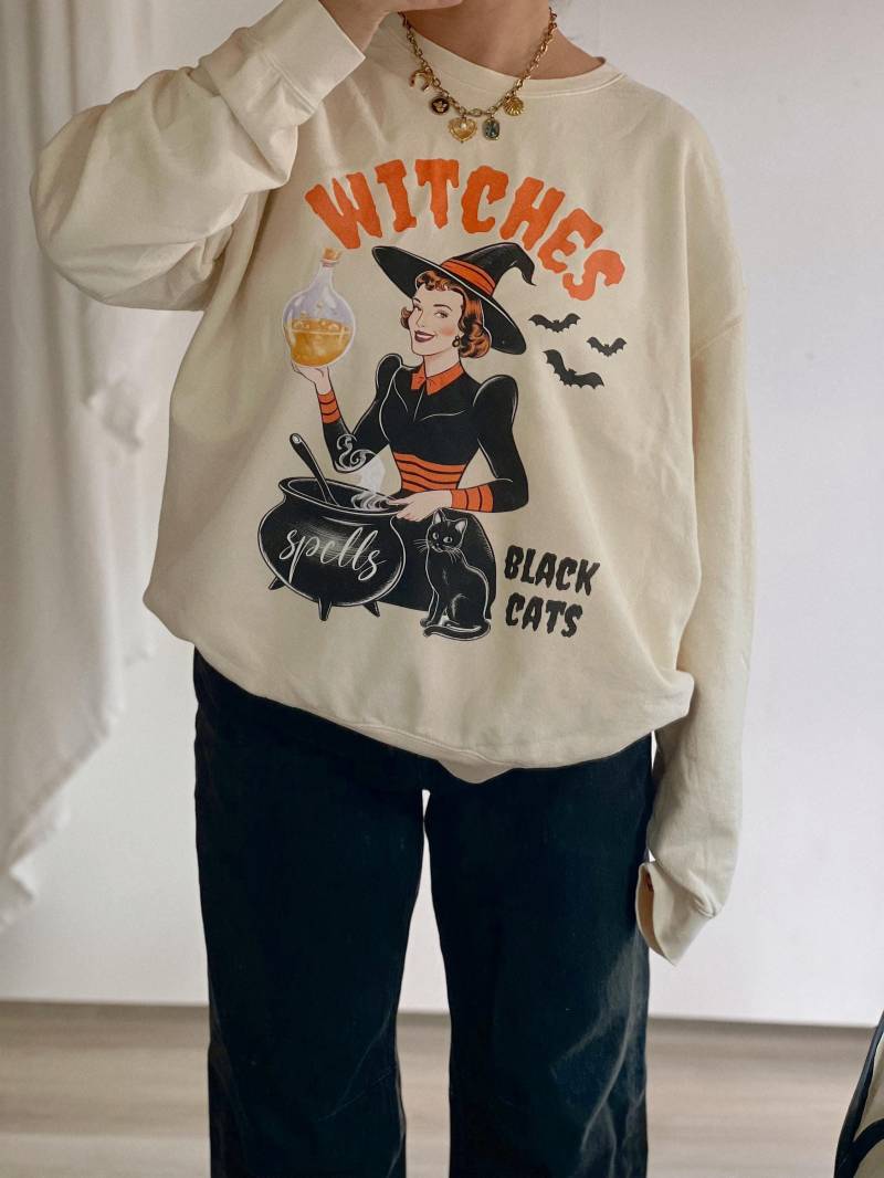 Hexen Rundhalsausschnitt, Halloween-Sweatshirt, Katzen-Sweatshirt, Halloween-T-Shirt Für Frauen, Komfortfarben-Sweatshirt von wethebabesco