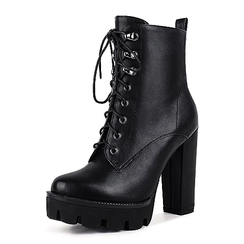 wetkiss Plateau-Stiefel für Frauen, Heeled Combat Boots Chunky Heel Booties Round Toe Lace Up High Heel Ankle Boots, Mattes Schwarz, 43 EU von wetkiss