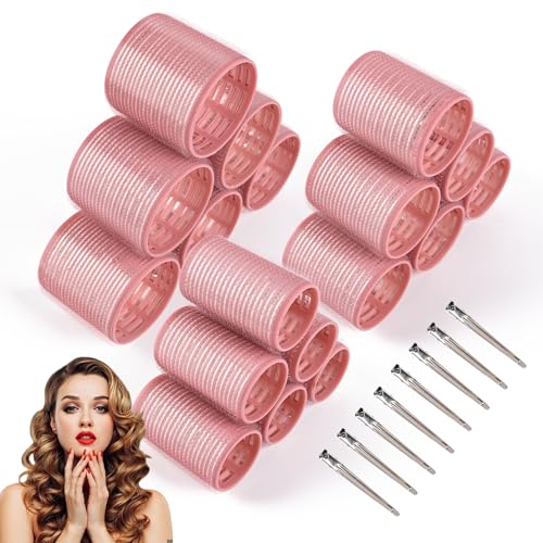 wetore Thermo-Lockenwickler aus Keramik, für langes, mittelgroßes kurzes Haar, Jumbo-Rollenwickler mit Clips für Damen (18 Rollen + 8 Edelstahl-Clips, rosa), 26-teilig von wetore