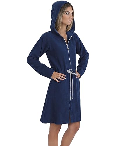 wewofashion Damen Bademantel Saunamantel Reißverschluss 6128 Dunkelblau (L) von wewofashion